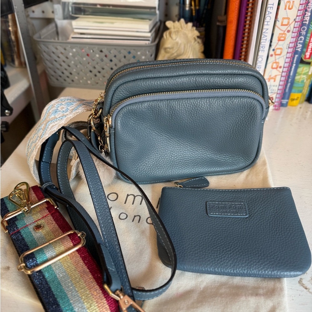 Pom Pom London Slate Blue Leather Crossbody Bag Set with Coin Purse and 3 Straps